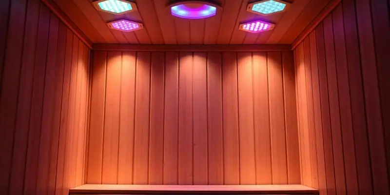 Innenraum einer Heimsauna mit warmem LED-Licht unter der Decke