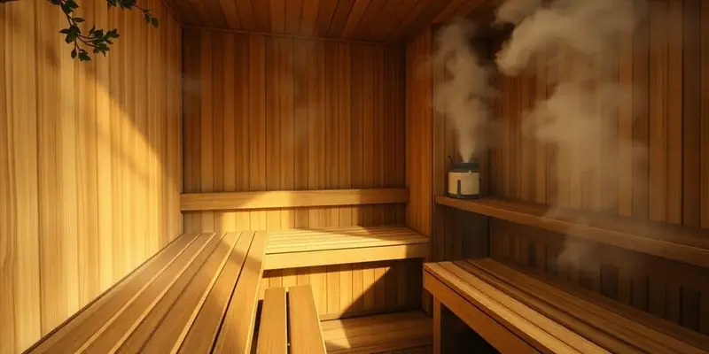 Holzsauna in Deutschland mit dampfenden Saunasteinen und Holzverkleidung