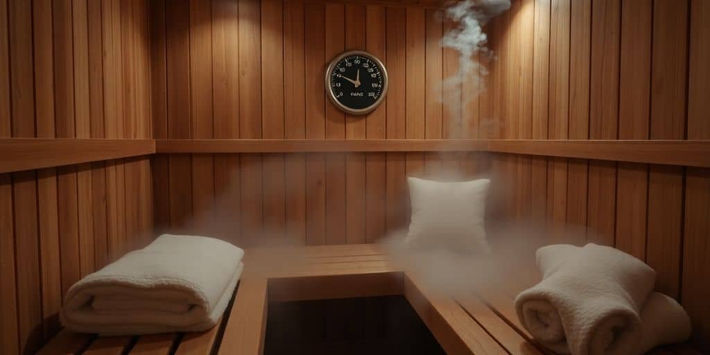 Bio-Sauna Holzkabine mit Dampfwolke und Holzbänken