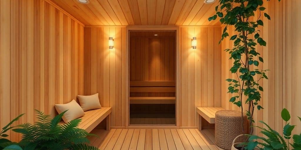 Innenraum einer Biosauna mit Holzverkleidung und gedämpftem Licht