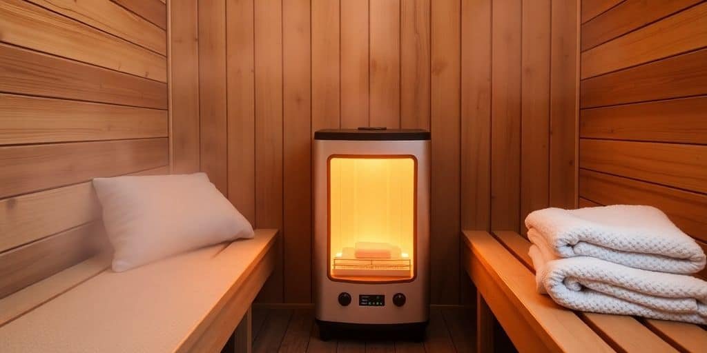 Elektrischer Saunaofen mit Saunasteinen in einer Holzkabine
