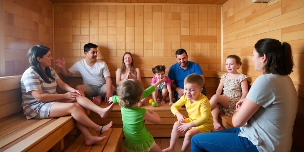 Eltern und Kinder entspannen gemeinsam in einer hellen Holzsauna mit niedrigen Bänken