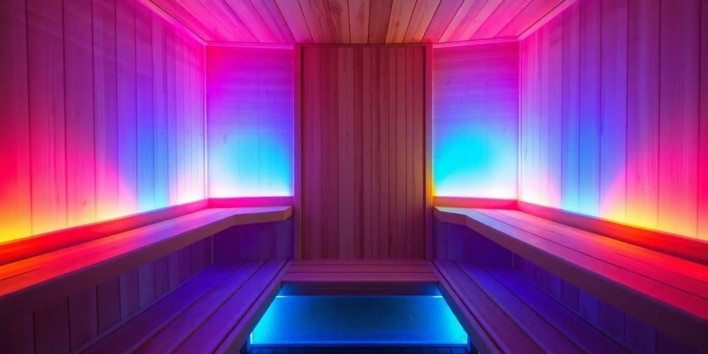 Farblichtsauna mit blauem LED-Licht in einer Holzkabine aus Hemlock