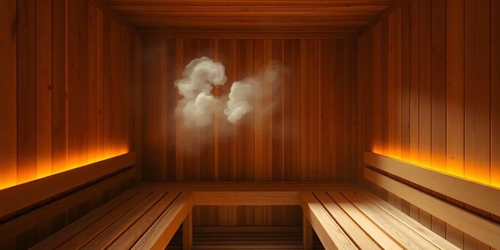 Innenraum einer Feuer-Sauna mit glühenden Steinen auf dem Holzofen und einem Aufgusseimer