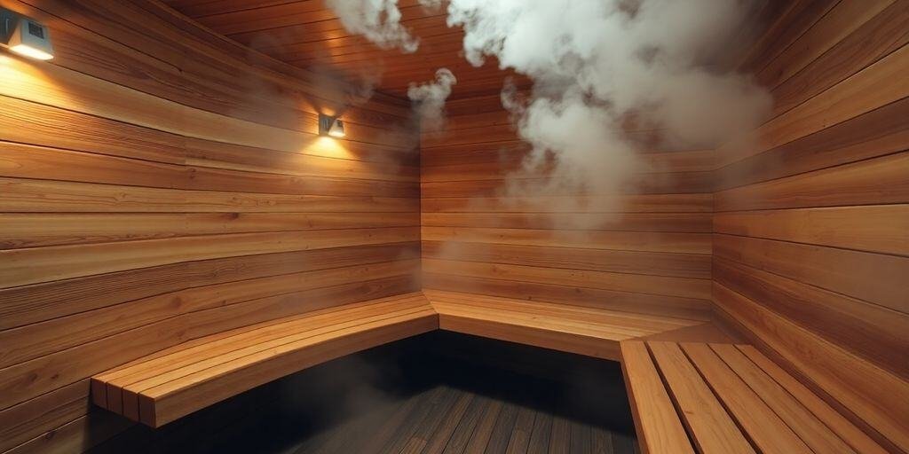 Innenansicht einer traditionellen finnischen Holzsauna mit Kiuas-Ofen, Specksteinen und stufenförmigen Holzbänken