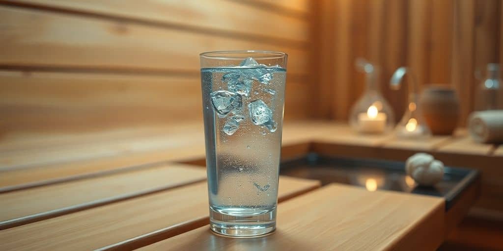 Glas Wasser neben Saunahandtuch auf Holzbank
