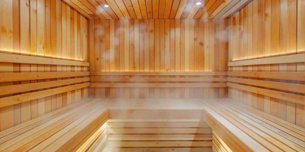 Traditionelle Holzsauna am Wasser – Dampf steigt aus geöffneter Saunatür