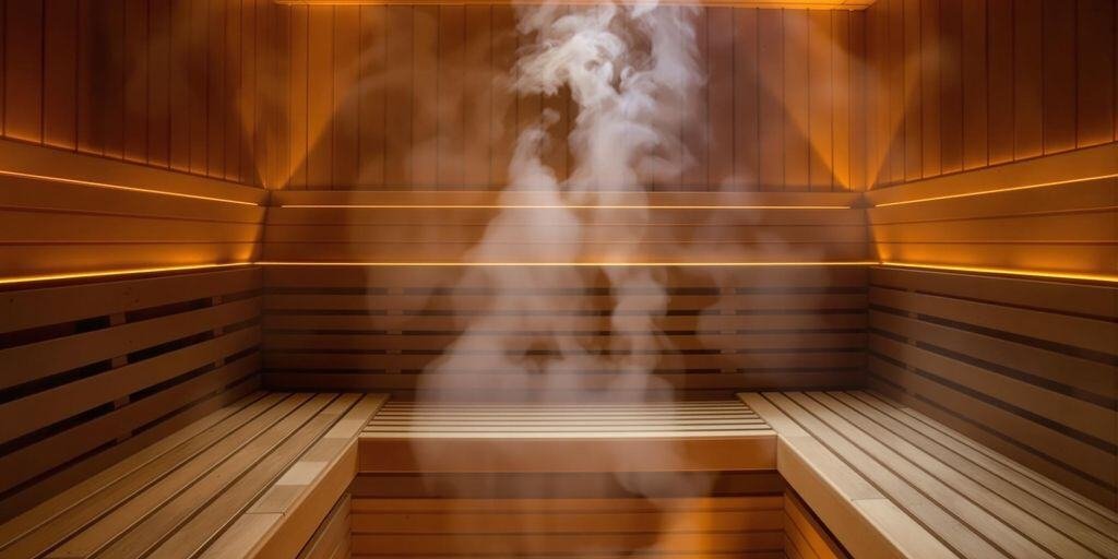Innenraum einer Holzsauna mit Saunaofen und Holzbänken in warmem Licht