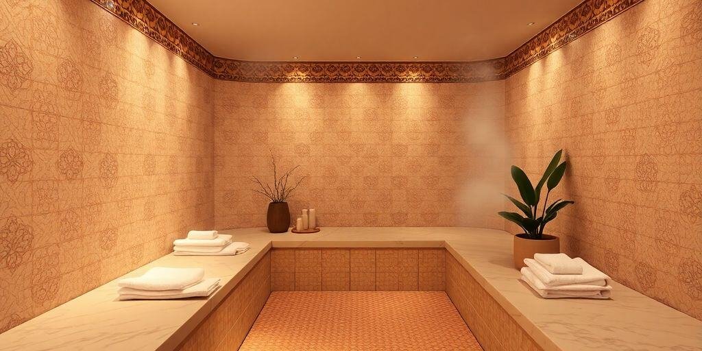 Hamam-Dampfraum mit beheiztem Marmorliegestein (Göbektaşı) und Kuppelgewölbe