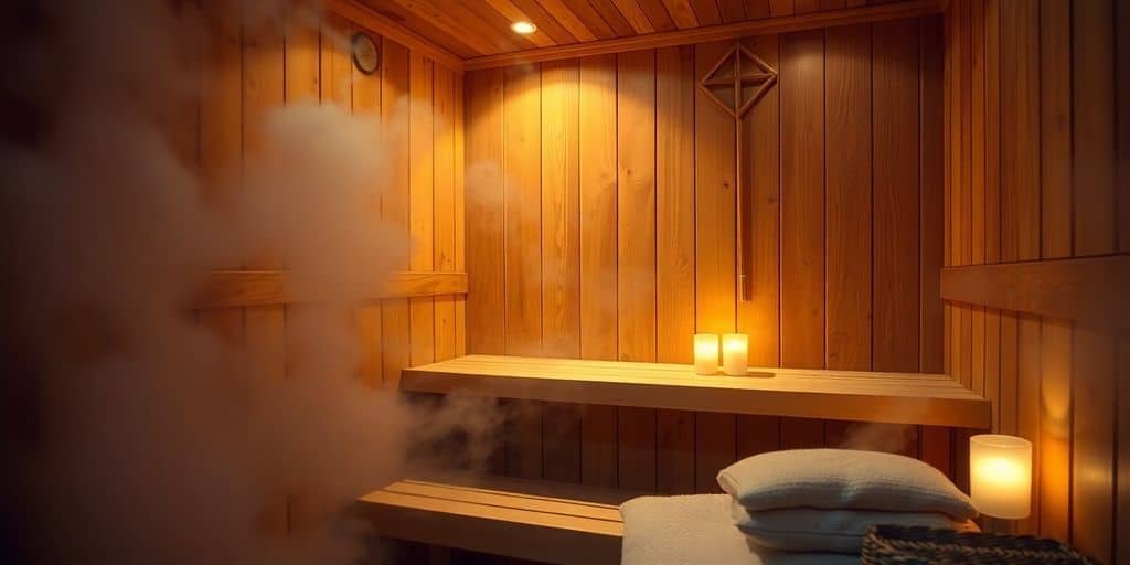 Innensauna aus Fichtenholz mit Holzbänken und Saunaofen