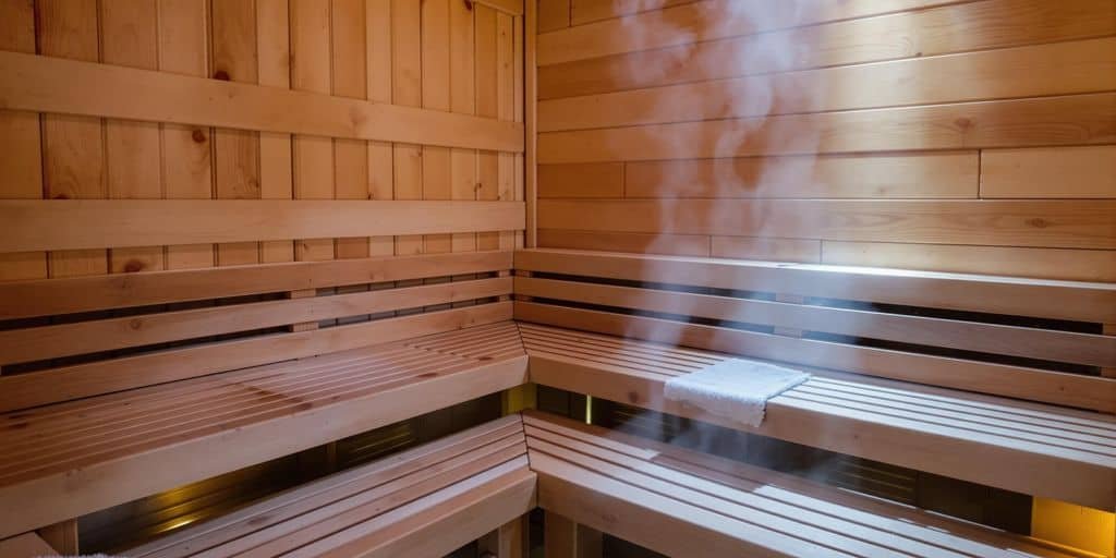 Selbst gebaute Heimsauna aus Fichtenholz mit Holzofen