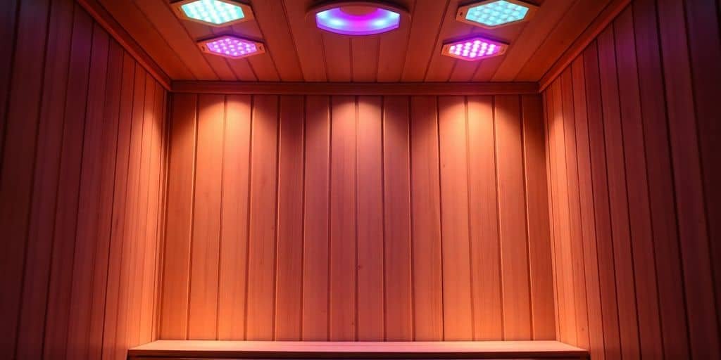Innenraum einer Heimsauna mit warmem LED-Licht unter der Decke