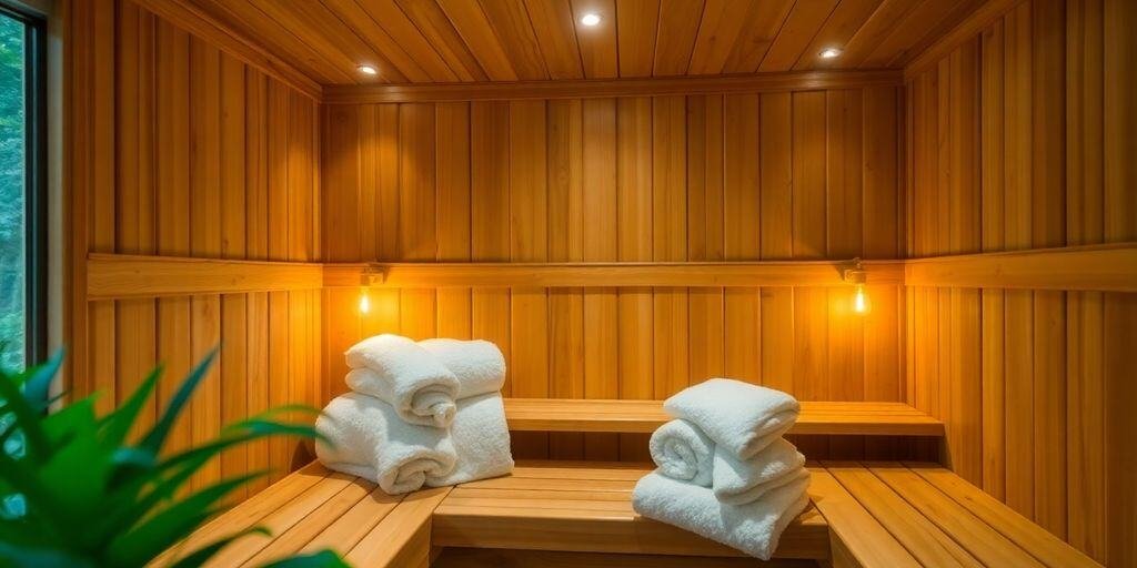 Helle Heimsauna mit Holzverkleidung, zweistufigen Bänken und indirekter LED-Beleuchtung