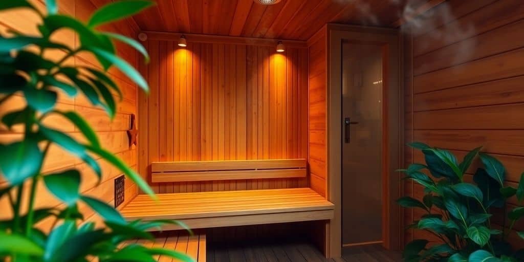 Rohbau einer Heimsauna mit Holzwänden und Saunaofen