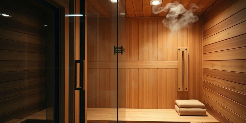 Heimsauna im Keller mit Holzbänken und Elektroofen