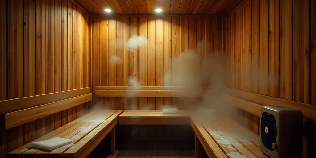 Innenansicht einer Heimsauna aus Fichtenholz mit zwei Bänken