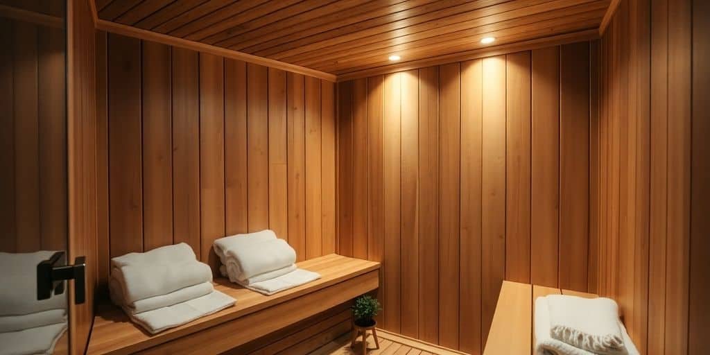 Heimsauna aus nordischer Fichte mit Elektroofen und Holzbänken