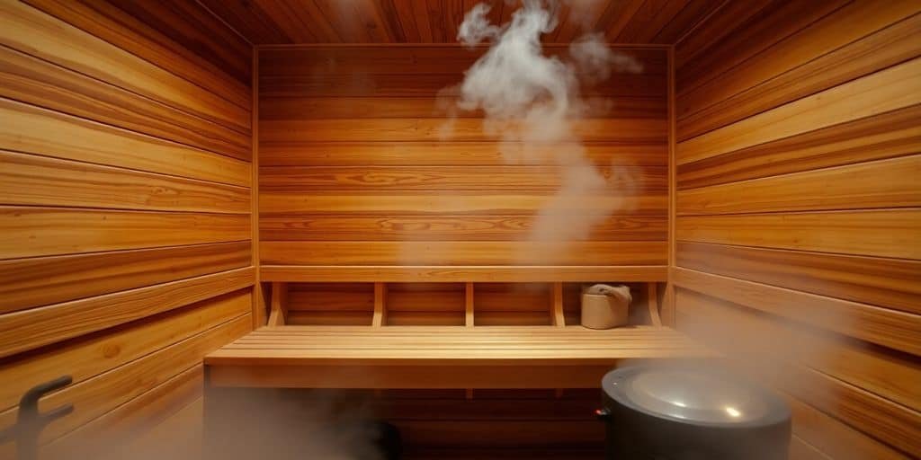 Innensauna aus Fichtenholz mit Ofenstein und Sitzbank