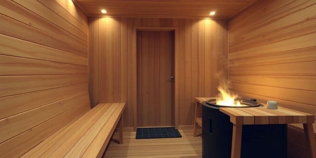 Saunabank aus Holz wird mit feuchtem Tuch abgewischt