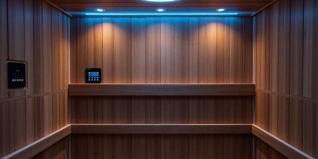 Moderne Heimsauna mit Touchscreen-Steuerung und LED-Beleuchtung
