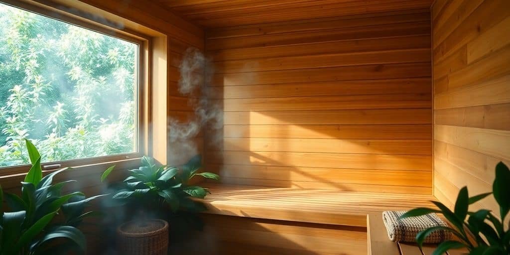 Holzverkleidete Heimsauna mit Sitzbänken und Saunofen