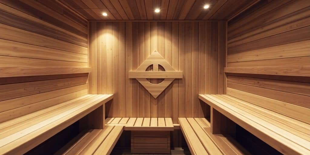 Holzverkleidung und Bänke in einer Heimsauna