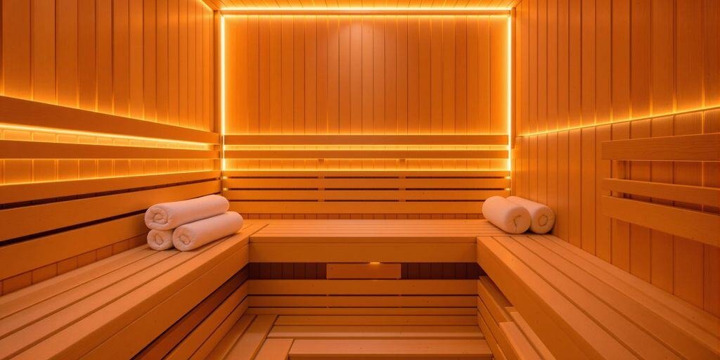 Innenraum einer Holz-Infrarotsauna mit sichtbaren Karbon-Flächenstrahlern an Rück- und Seitenwand