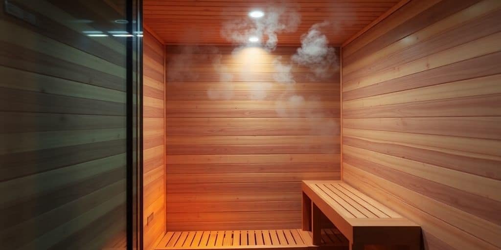 Infrarotsauna-Kabine aus Holz in einem hellen Wohnraum