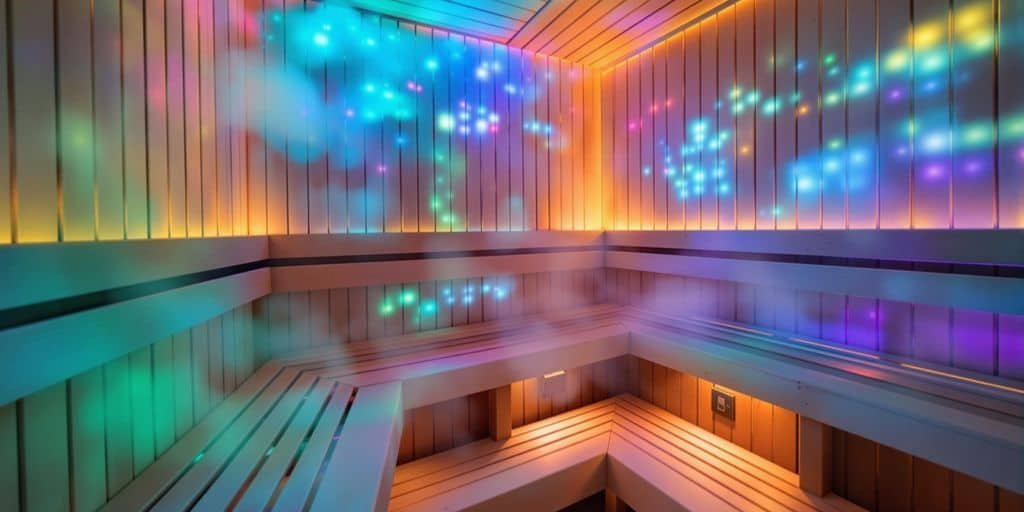 Saunakabine mit farbiger LED-Beleuchtung für Lichttherapie