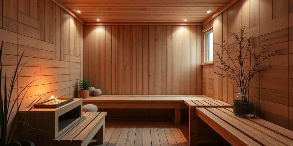 Heimsauna-Kabine in einem Kellerraum mit sichtbaren Maßangaben