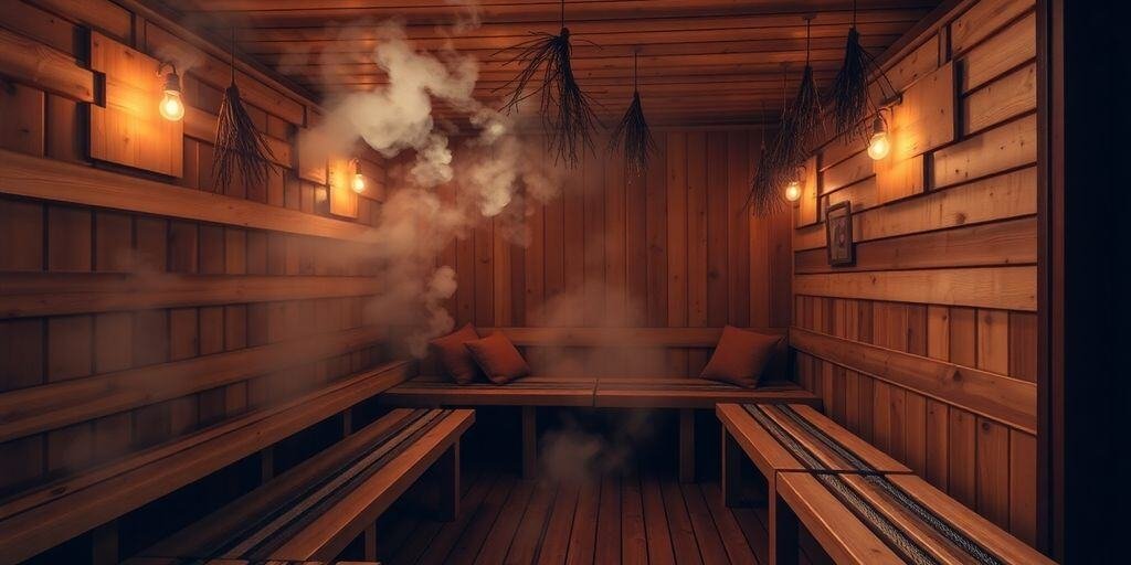 Russische Banja mit Holzofen, Steinschüttung und Wenik aus Birkenzweigen auf einer Holzbank