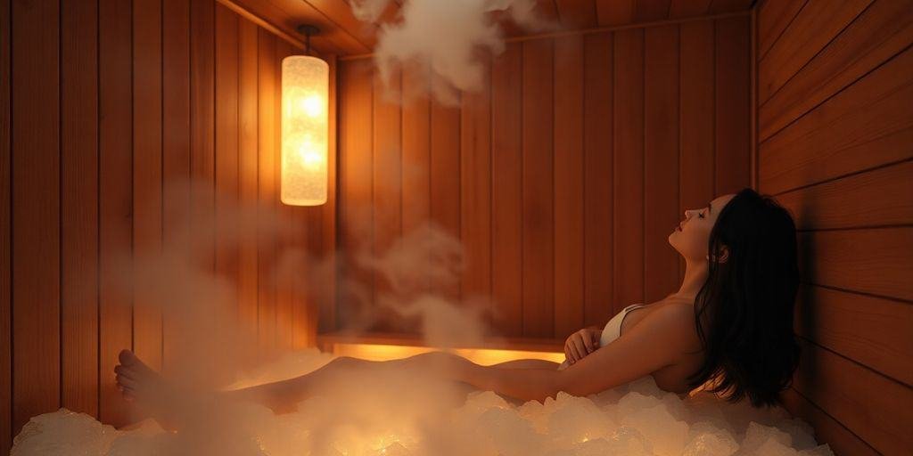 Salzsauna mit Holzverkleidung und Salzwänden, leichter Salzdampf in der Luft