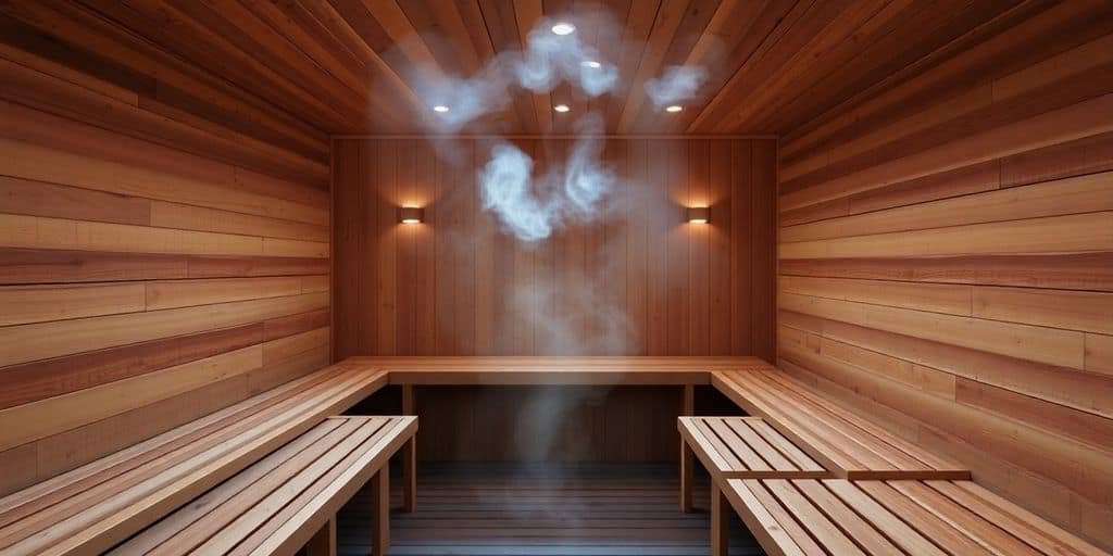 Holzbank und aufgeheizte Saunasteine in einer finnischen Sauna