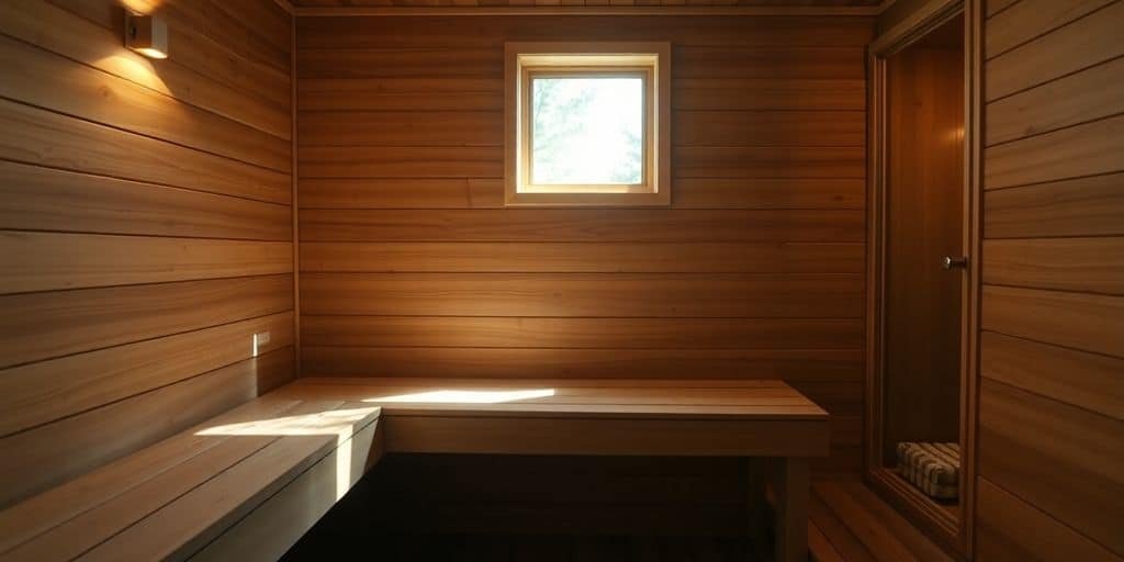 Holzvertäfelte finnische Sauna mit Saunaofen und Aufgusssteinen