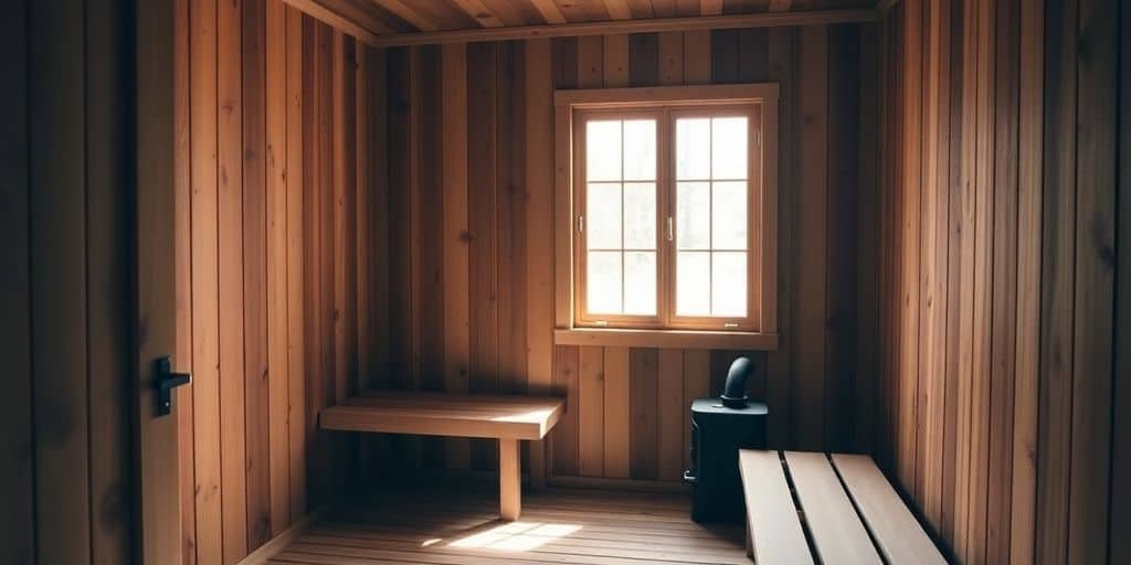 Rohbau einer Heimsauna aus hellem Fichtenholz mit freiliegender Wandkonstruktion