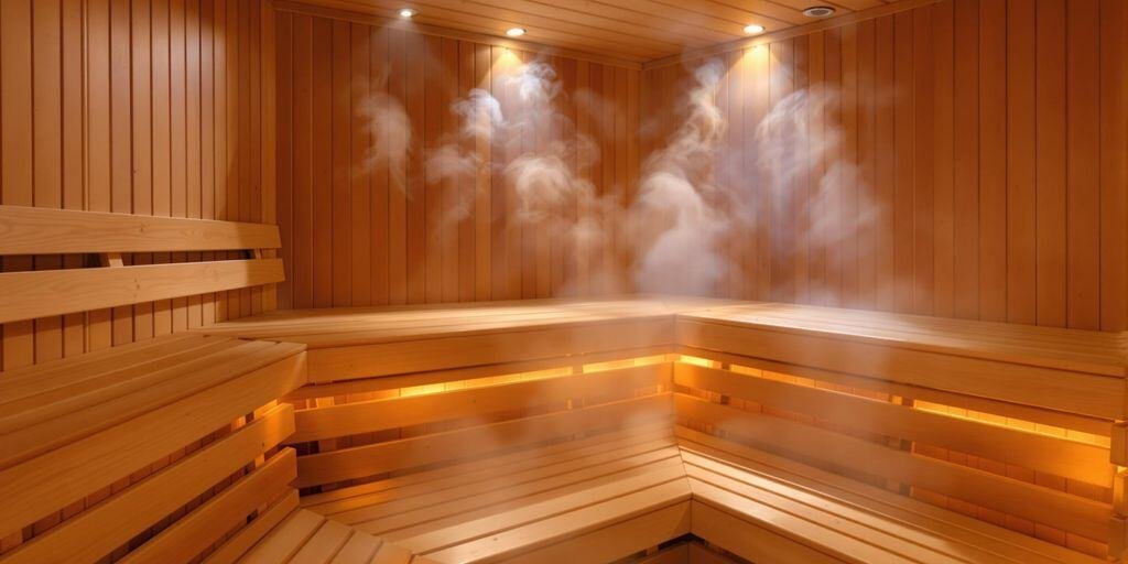 Holzbank in einer finnischen Sauna mit Aufgusskelle und Saunasteinen