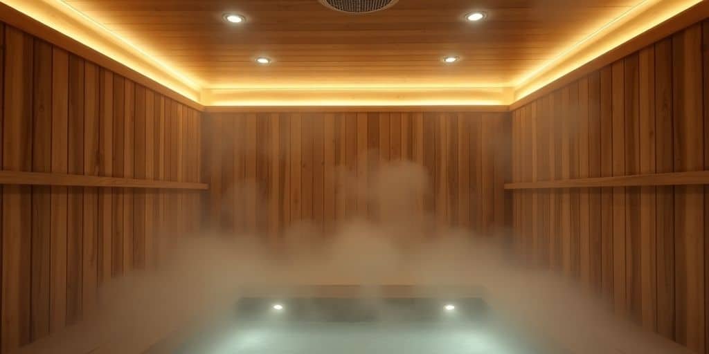 Holzbank in einer finnischen Sauna mit Aufgusseimer