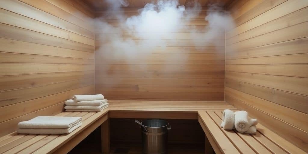 Holzbänke in einer finnischen Sauna