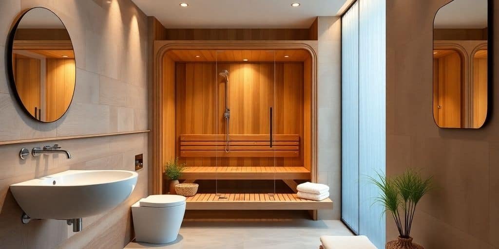 Sauna mit Holzverkleidung in einem gefliesten Badezimmer