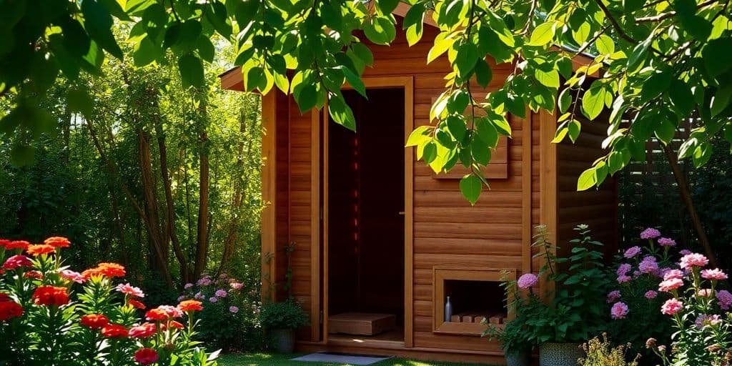 Holzsauna im Garten mit kleiner Terrasse