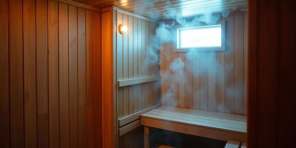 Kellersauna mit Holzverkleidung und indirekter Beleuchtung
