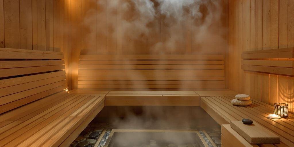 Japanische Sauna-Anlage mit Hinoki-Holzinterieur und Naturstein-Ofen