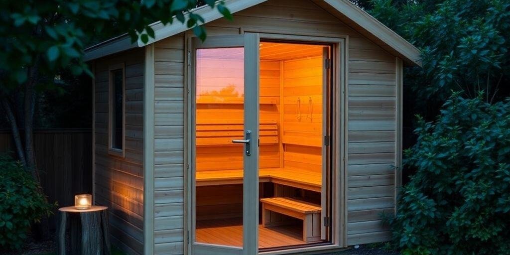 Selbst gebaute Sauna-Kabine aus Fichtenholz mit Glasfront und Holzbänken