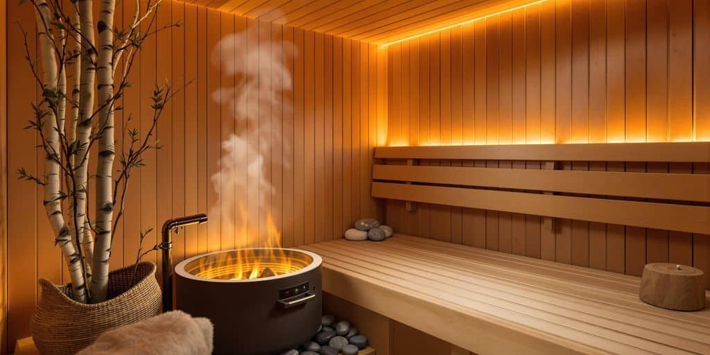 Traditionelle finnische Holzsauna am See mit Birkenquasten auf der Bank