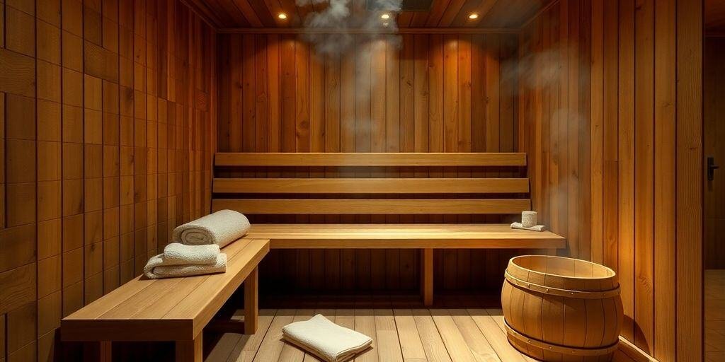 Ältere Person entspannt auf der Holzbank in der Sauna