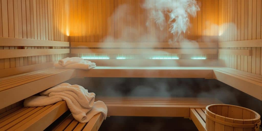 Holzvertäfelte Sauna mit Aufgussofen und Sitzbank