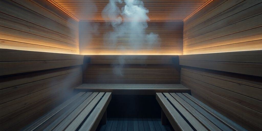 Holzvertäfelte Sauna mit Aufgussofen und Sitzbänken
