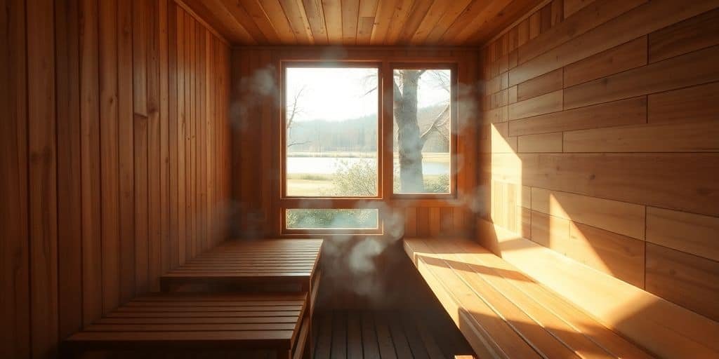 Person liegt entspannt auf einer Holzliege in der Sauna