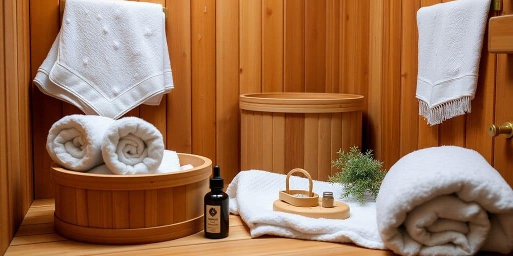 Sauna-Zubehör für Einsteiger: gefaltetes Saunatuch, Aufgussöl und Saunamütze auf einer Holzbank