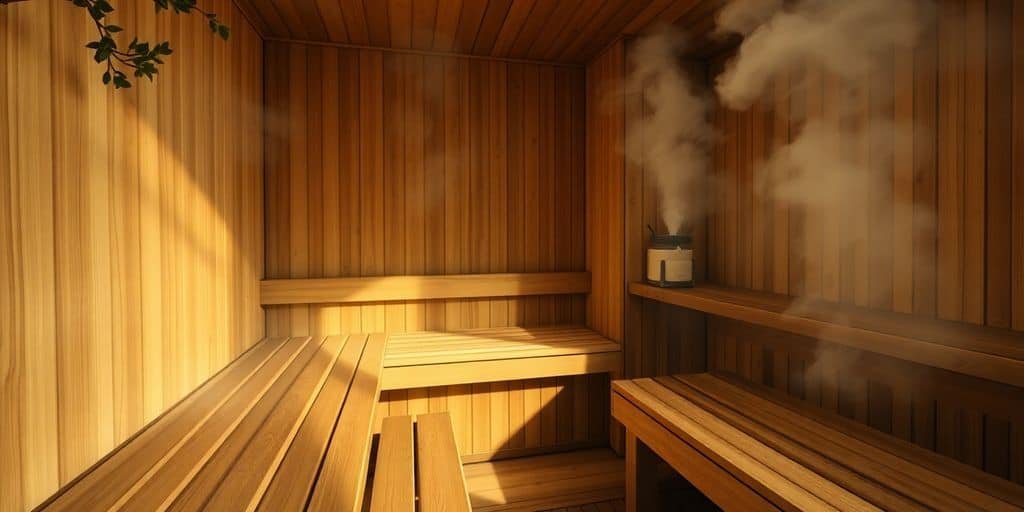 Holzsauna in Deutschland mit dampfenden Saunasteinen und Holzverkleidung